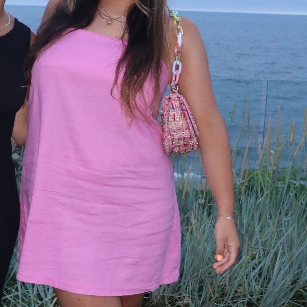 Bubblegum Pink Linen Mini Flowy Summer Dress